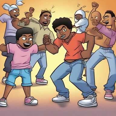 In the cartoon, the characters engage in a fierce gang fight, showing the consequences of violence among adolescents.