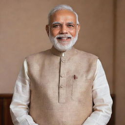 A high-resolution, lifelike portrait of Narendra Modi, Prime Minister of India, in an official setting, wearing his characteristic kurta and a light smile.