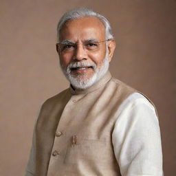 A high-resolution, lifelike portrait of Narendra Modi, Prime Minister of India, in an official setting, wearing his characteristic kurta and a light smile.