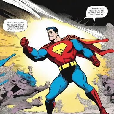 As the superhero landed with a thud, an audible boom resonated throughout the comic book panel, adding to the dramatic effect.