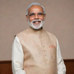 A high-resolution, lifelike portrait of Narendra Modi, Prime Minister of India, in an official setting, wearing his characteristic kurta and a light smile.