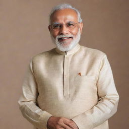 A high-resolution, lifelike portrait of Narendra Modi, Prime Minister of India, in an official setting, wearing his characteristic kurta and a light smile.