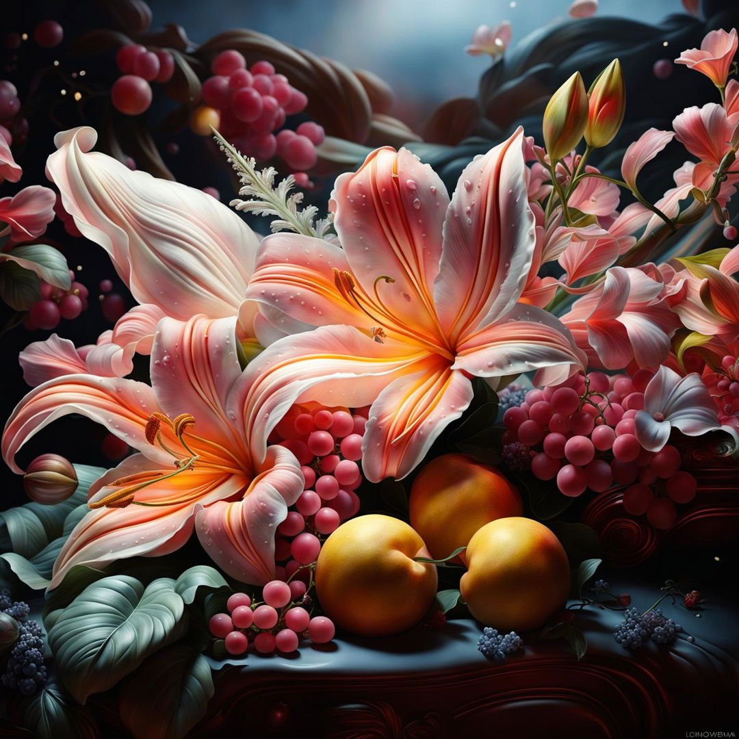 Hyper-realistic 3D Rococo-inspired still life in a fantastical setting featuring a detailed lily surrounded by vibrant, magical fruits under a sky of swirling pastel colours.