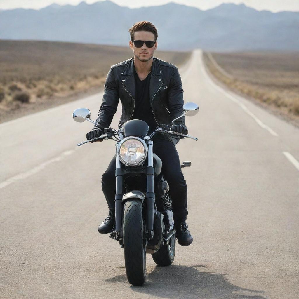 A stylish man confidently perched on a sleek, modern motorcycle, surrounded by an open road