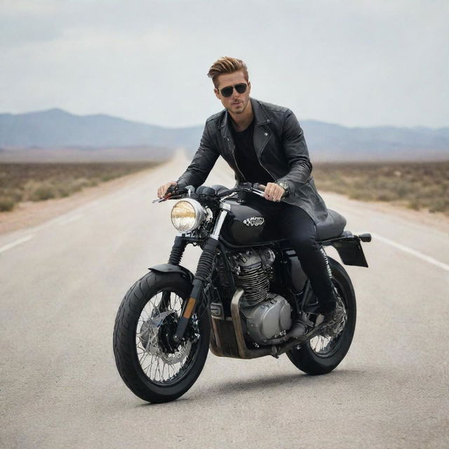 A stylish man confidently perched on a sleek, modern motorcycle, surrounded by an open road