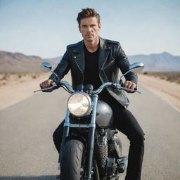 A stylish man confidently perched on a sleek, modern motorcycle, surrounded by an open road