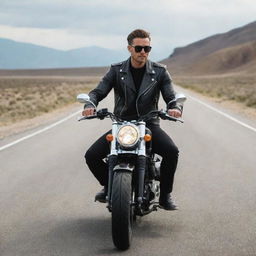 A stylish man confidently perched on a sleek, modern motorcycle, surrounded by an open road