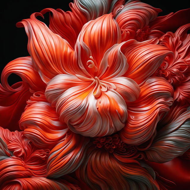 Hyper-realistic 3D rococo fantasy fruit hybrid of a lily and peaches in vibrant colors with mystical, angelic lighting.