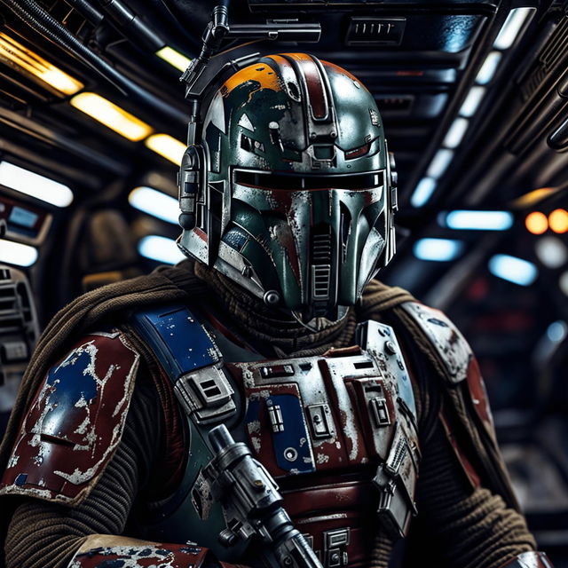 Digital art of Temuera Morrison as Jango Fett in detailed Mandalorian armor, holding his helmet under one arm and a blaster in the other, set against a blurred starship interior.