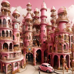 A sprawling metropolis themed after Barbie, but with a steampunk twist. Ornate, cogwheel-infused pink skyscrapers, doll-like citizens in Victorian attire, and barbie-themed steam vehicles locomote on gleaming cobblestone streets.