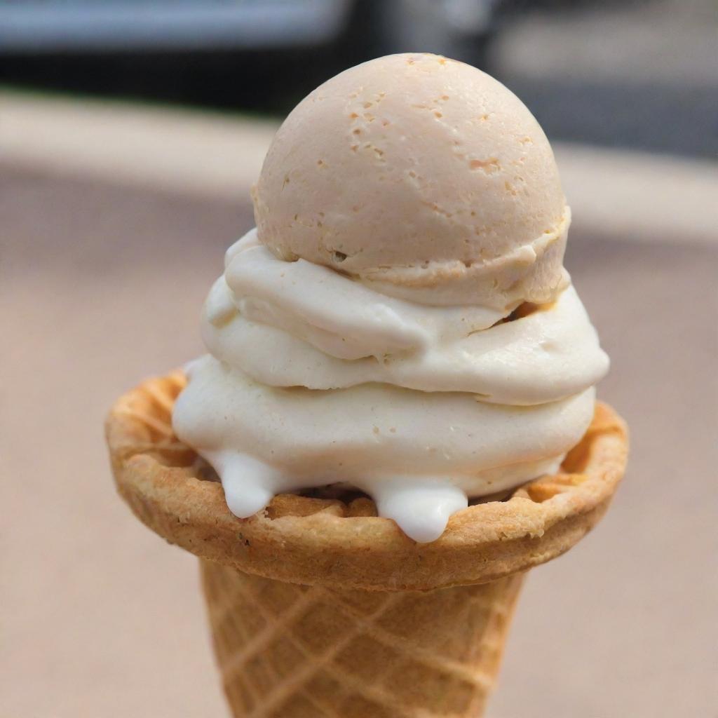 A tantalizing scoop of ice cream on a waffle cone, dripping slowly on a hot summer day.