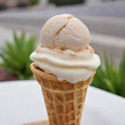 A tantalizing scoop of ice cream on a waffle cone, dripping slowly on a hot summer day.