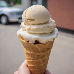 A tantalizing scoop of ice cream on a waffle cone, dripping slowly on a hot summer day.