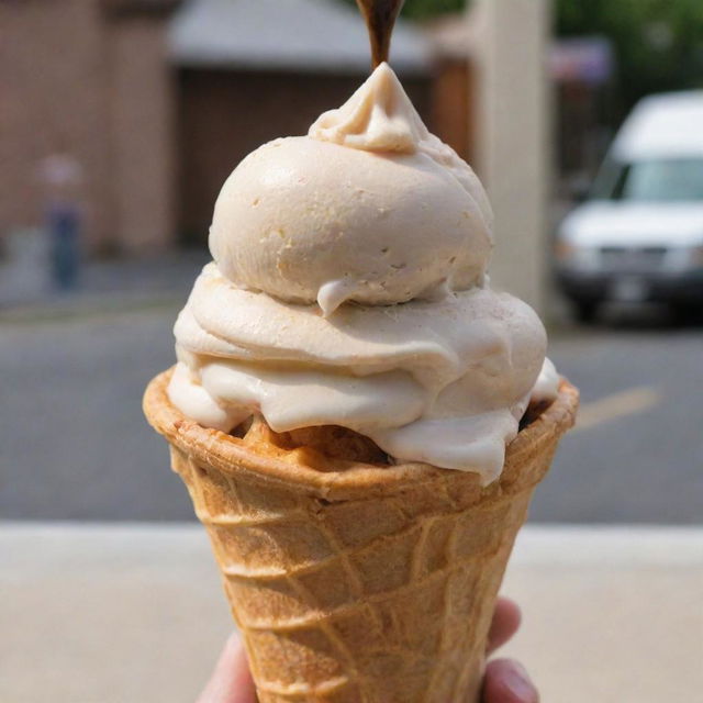 A tantalizing scoop of ice cream on a waffle cone, dripping slowly on a hot summer day.