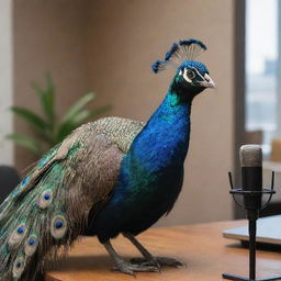 A peacock with pronounced masculine features sitting at a podcast table with a microphone in an indoor setting