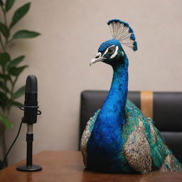 A peacock with pronounced masculine features sitting at a podcast table with a microphone in an indoor setting