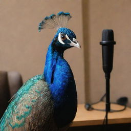 A peacock with pronounced masculine features sitting at a podcast table with a microphone in an indoor setting