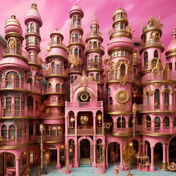 A sprawling metropolis themed after Barbie, but with a steampunk twist. Ornate, cogwheel-infused pink skyscrapers, doll-like citizens in Victorian attire, and barbie-themed steam vehicles locomote on gleaming cobblestone streets.