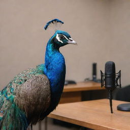 A peacock with pronounced masculine features sitting at a podcast table with a microphone in an indoor setting