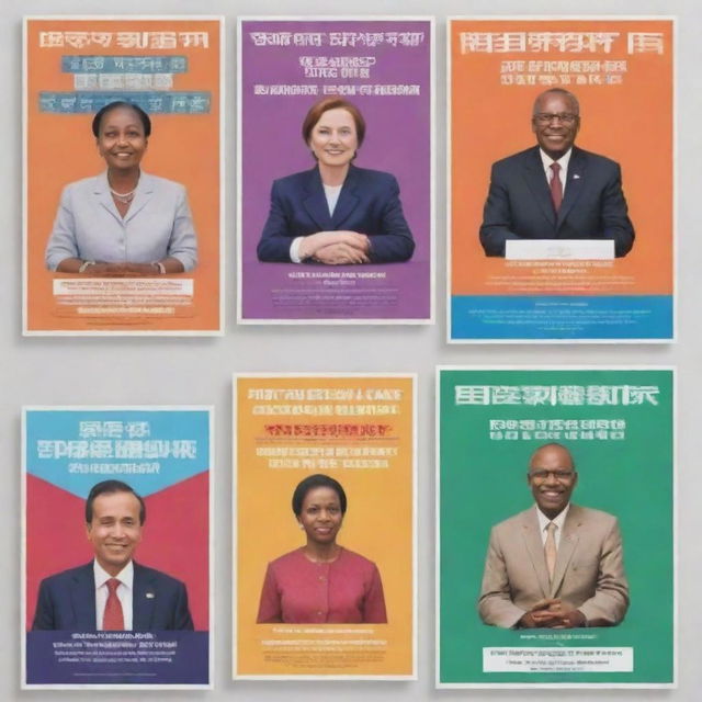 Create four unique posters, each featuring a motivating slogan about good governance. Each poster should have appealing visuals related to governance, different vibrant color schemes, and clear, bold English text for each slogan.