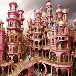 A sprawling metropolis themed after Barbie, but with a steampunk twist. Ornate, cogwheel-infused pink skyscrapers, doll-like citizens in Victorian attire, and barbie-themed steam vehicles locomote on gleaming cobblestone streets.