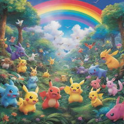 A vibrant depiction of an array of different Pokemon frolicking in a lush, magical forest under a rainbow-filled sky.