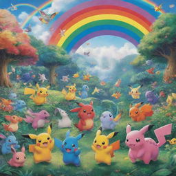 A vibrant depiction of an array of different Pokemon frolicking in a lush, magical forest under a rainbow-filled sky.