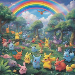 A vibrant depiction of an array of different Pokemon frolicking in a lush, magical forest under a rainbow-filled sky.