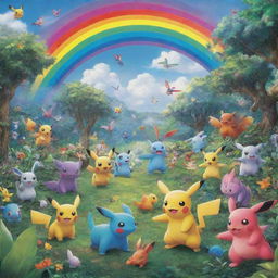 A vibrant depiction of an array of different Pokemon frolicking in a lush, magical forest under a rainbow-filled sky.