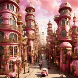 A sprawling metropolis themed after Barbie, but with a steampunk twist. Ornate, cogwheel-infused pink skyscrapers, doll-like citizens in Victorian attire, and barbie-themed steam vehicles locomote on gleaming cobblestone streets.