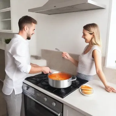As the couple prepared a romantic dinner, they accidentally left a pot of soup on the stove for too long, causing it to gelatinise.