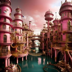 An underwater, sprawling Steampunk-Barbie metropolis showcasing fascist architecture. Imposing pink skyscrapers with cogwheel accents and authoritarian-styled structures, doll-like citizens in uniform, and steampunk sea-vehicles enforcing order in the cobblestone streets.