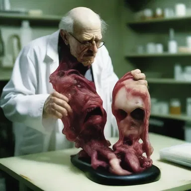 The mad scientist gelatinised the body parts to create grotesque sculptures in his horrifying laboratory.