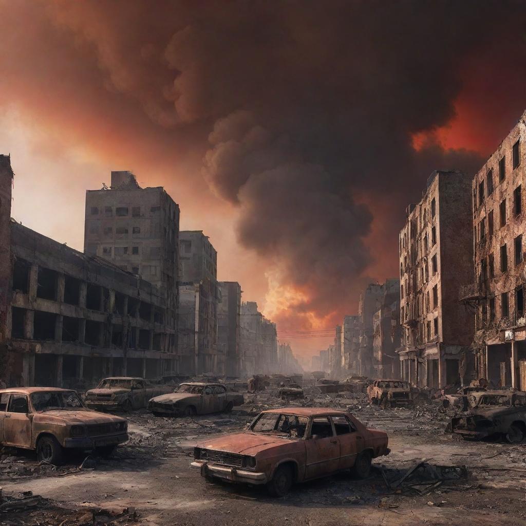 A post-apocalyptic scene of a city aftermath depicting World War 3. Desolate buildings, smoke billowing into the sky, burnt out vehicles and a red sunset backdrop.