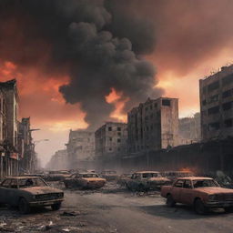 A post-apocalyptic scene of a city aftermath depicting World War 3. Desolate buildings, smoke billowing into the sky, burnt out vehicles and a red sunset backdrop.