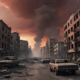 A post-apocalyptic scene of a city aftermath depicting World War 3. Desolate buildings, smoke billowing into the sky, burnt out vehicles and a red sunset backdrop.