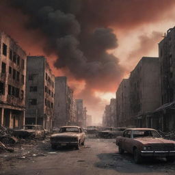 A post-apocalyptic scene of a city aftermath depicting World War 3. Desolate buildings, smoke billowing into the sky, burnt out vehicles and a red sunset backdrop.