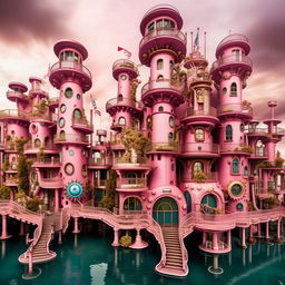 An underwater, sprawling Steampunk-Barbie metropolis showcasing fascist architecture. Imposing pink skyscrapers with cogwheel accents and authoritarian-styled structures, doll-like citizens in uniform, and steampunk sea-vehicles enforcing order in the cobblestone streets.