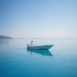 A serene sea with a soft blue color, reflecting the bright sun in the clear sky. A sleek boat floating gently, with a person enjoying the tranquility of the sea.