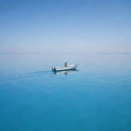 A serene sea with a soft blue color, reflecting the bright sun in the clear sky. A sleek boat floating gently, with a person enjoying the tranquility of the sea.