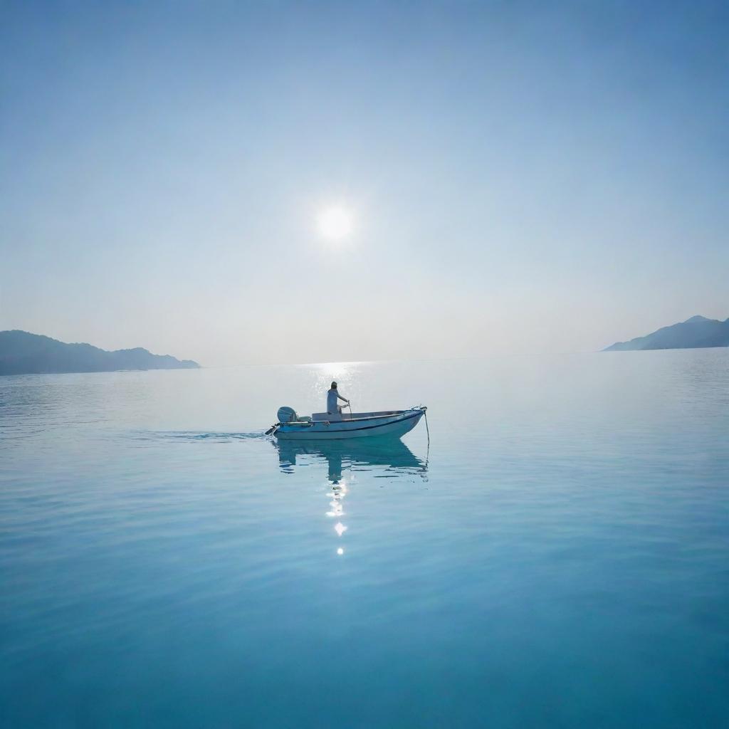 A serene sea with a soft blue color, reflecting the bright sun in the clear sky. A sleek boat floating gently, with a person enjoying the tranquility of the sea.