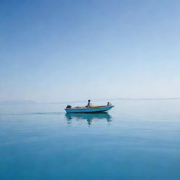 A serene sea with a soft blue color, reflecting the bright sun in the clear sky. A sleek boat floating gently, with a person enjoying the tranquility of the sea.