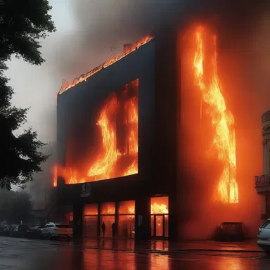 The cinema screen lit up with the intense flames of the burning building.