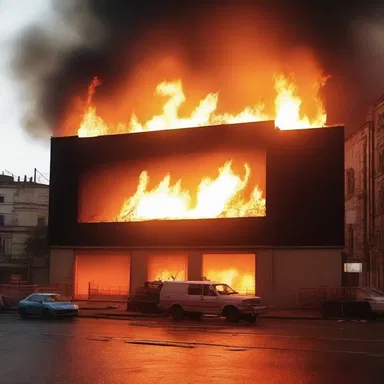 The cinema screen lit up with the intense flames of the burning building.
