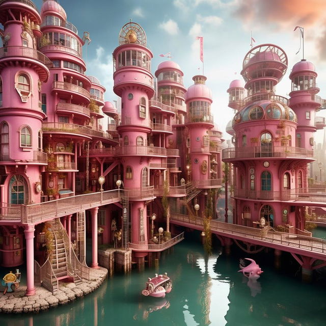 An underwater, sprawling Steampunk-Barbie metropolis showcasing fascist architecture. Imposing pink skyscrapers with cogwheel accents and authoritarian-styled structures, doll-like citizens in uniform, and steampunk sea-vehicles enforcing order in the cobblestone streets.