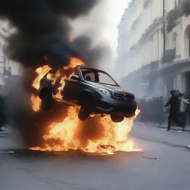 In the action-packed scene, the car bursts into flames as it crashes through the barricades.