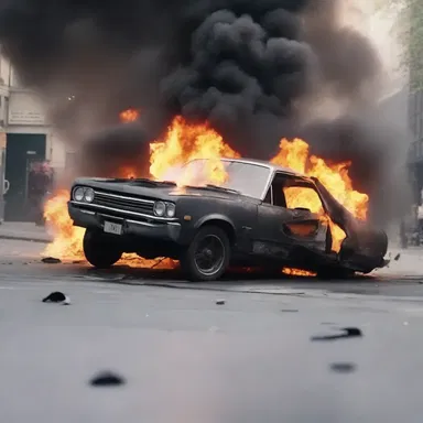 In the action-packed scene, the car bursts into flames as it crashes through the barricades.