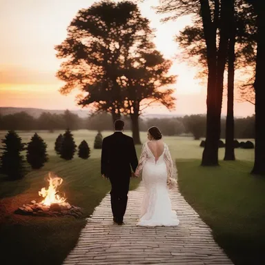 As the sun sets behind the horizon, the couple strolls hand in hand, basking in the warmth of the flickering flames in the fireplace.