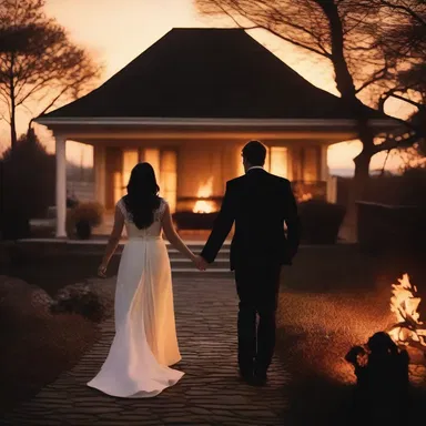 As the sun sets behind the horizon, the couple strolls hand in hand, basking in the warmth of the flickering flames in the fireplace.