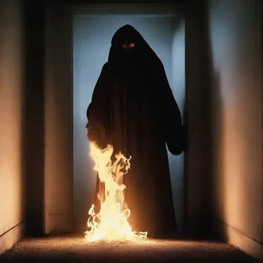 As the door creaked open, a creepy figure emerged, its eyes flaming with an unearthly light.